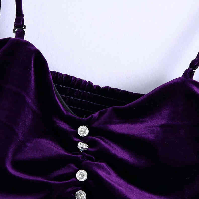 Sexy Woman Purple Spaghetti Strap Velvet Short Tops Spring Fashion Ladies Pleated Camisole Female Diamond Button Top 210515