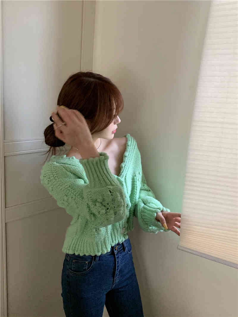 3 colors autumn korean style loose Women v neck Cardigan Sweater coat Female Outwear hollow out Knitted tops (R99442 210423