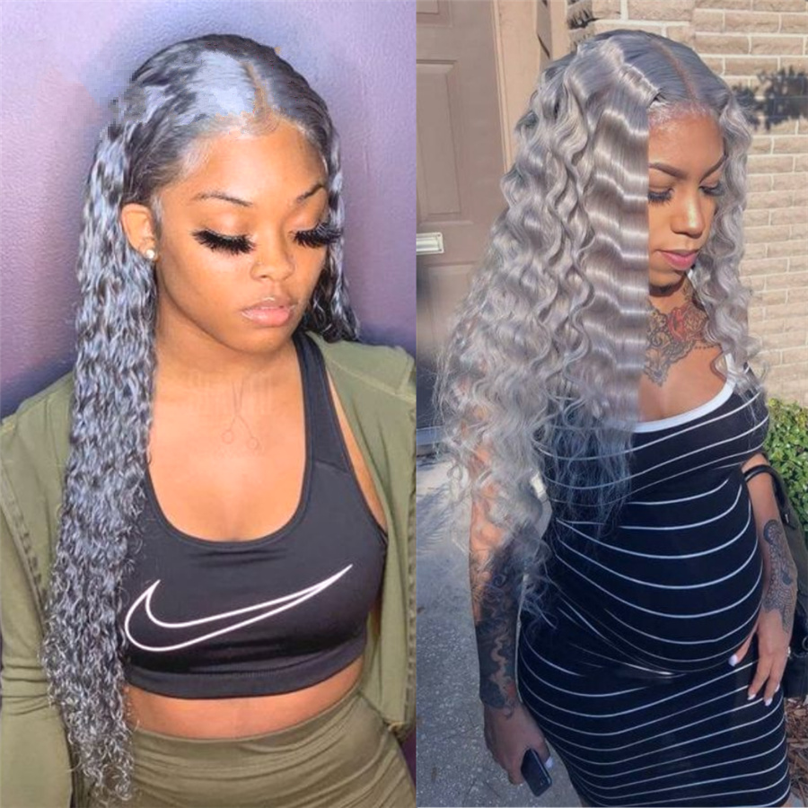 Long Water Wave Lace Frontal Grey Colored Wigs Curly Synthetic Wig for Women Simulation Human Hair Daily Party
