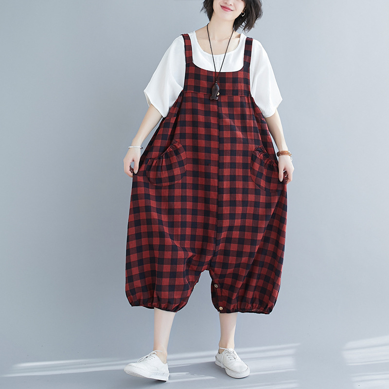 Johnature Spring Summer Women Jumpsuits Plaid Casual Short Pants Suspender trousers Packets Loose Pants 210521, Red
Johnature Spring Summer Women Jumpsuits Plaid Casual Short Pants Suspender trousers Packets Loose Pants 210521, Red