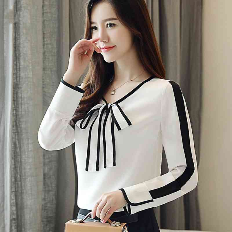 Fashion Womens Tops And Blouses Chiffon Long Sleeve Shirt White Bow V-neck OL Blusas 1026 40 210508