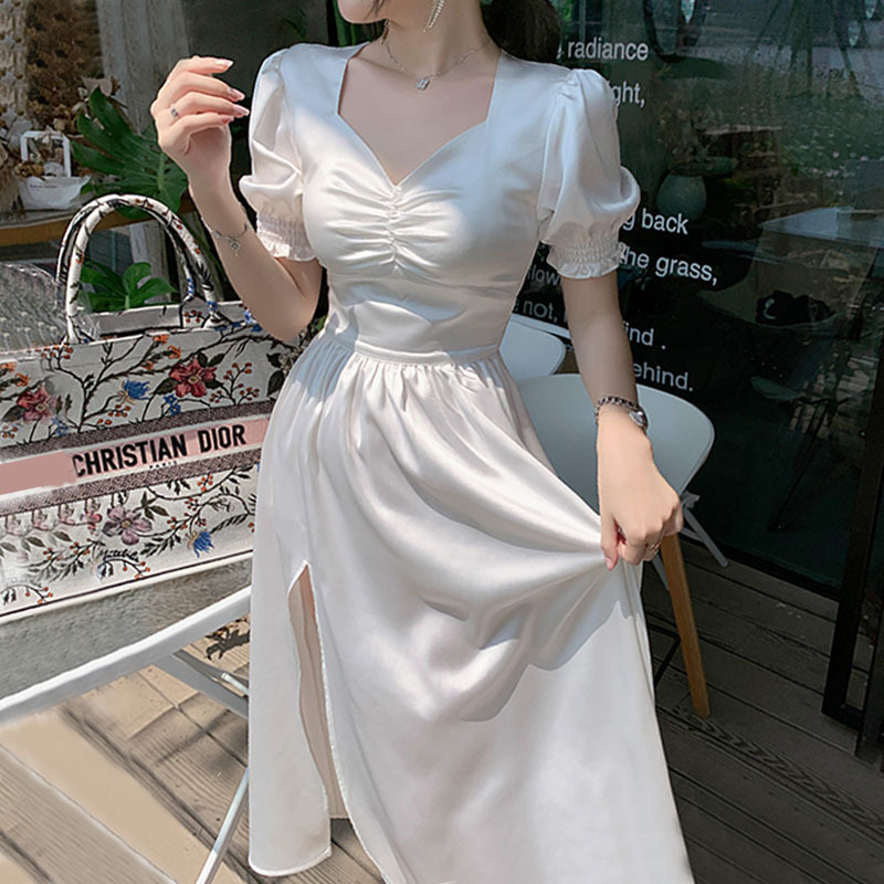 Summer Silk Satin White Ruffle Women Sexy Puff Sleeve Split Dress Korean Elegant Chiffon Fairy Dresses 13348 210417