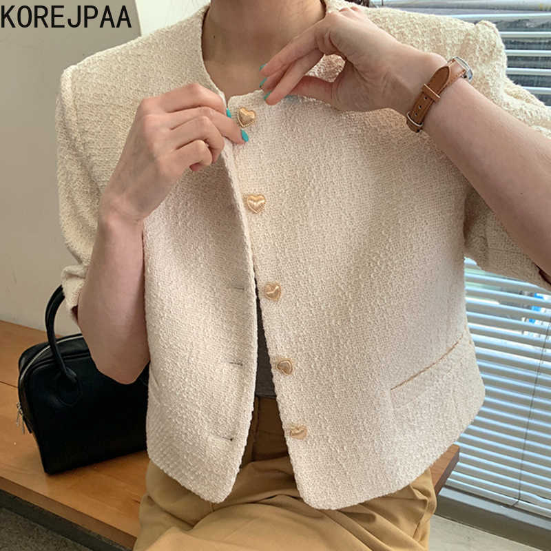 

Korejpaa Women Jacket Summer Korean Chic Ladies Gentle Round Neck Love Buttons Loose Casual Short-Sleeved Tweed Jackets 210526, White
