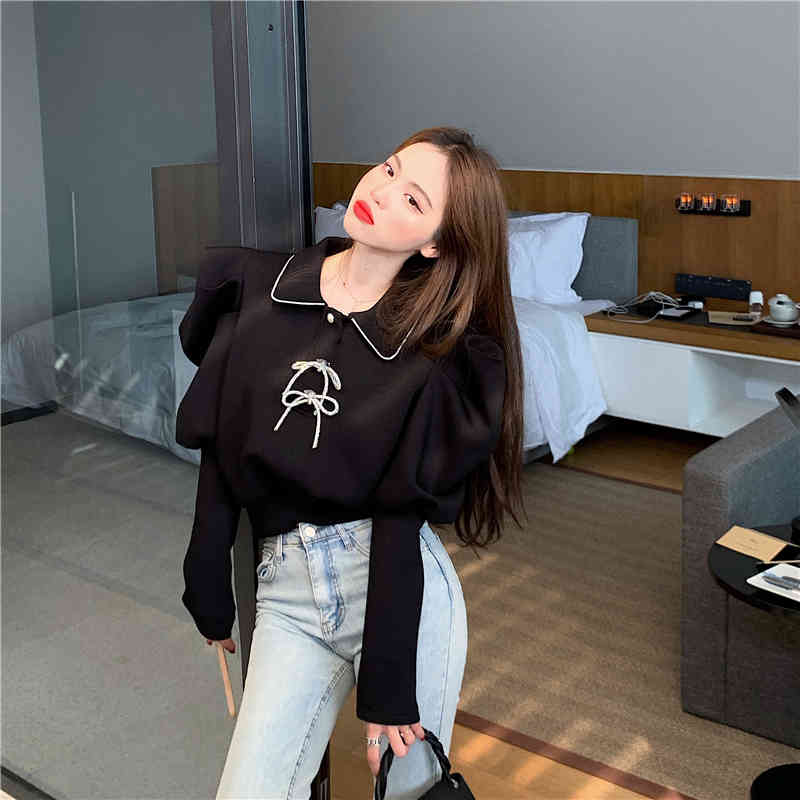 Nomikuma Korean Puff Sleeve Women Blouse Elegant Turn-down Collar Top Blusa Femme Spring New Blingbling Bowknot Shirt 6E186 210427