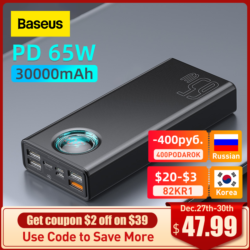 Baseus 65W Power Bank 30000mAh/20000mAh PD Quick Charge FCP SCP Powerbank Portable External Charger For Smartphone Laptop Tablet
Baseus 65W Power Bank 30000mAh/20000mAh PD Quick Charge FCP SCP Powerbank Portable External Charger For Smartphone Laptop Tablet