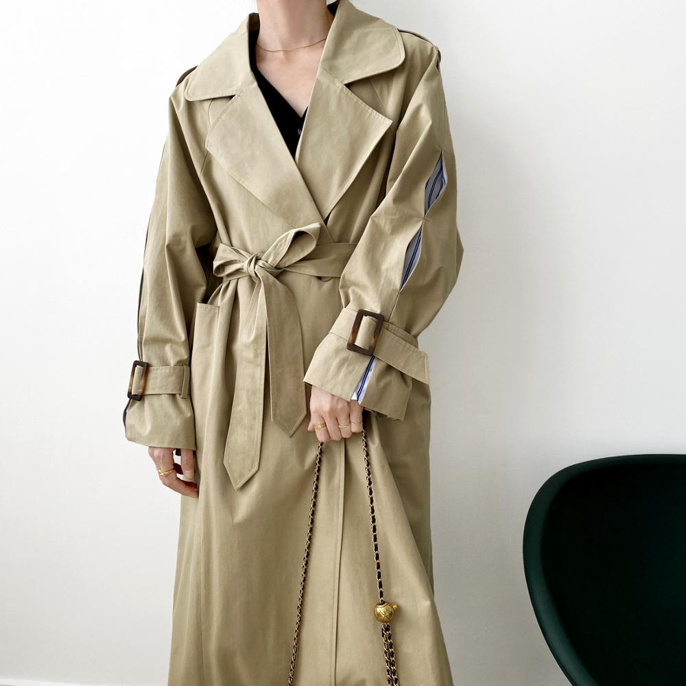 Minimalist Suit Collar Double-breasted Long Trench Coat High Quality OL Overcoat Autumn Solid Casual Windbreaker 210421