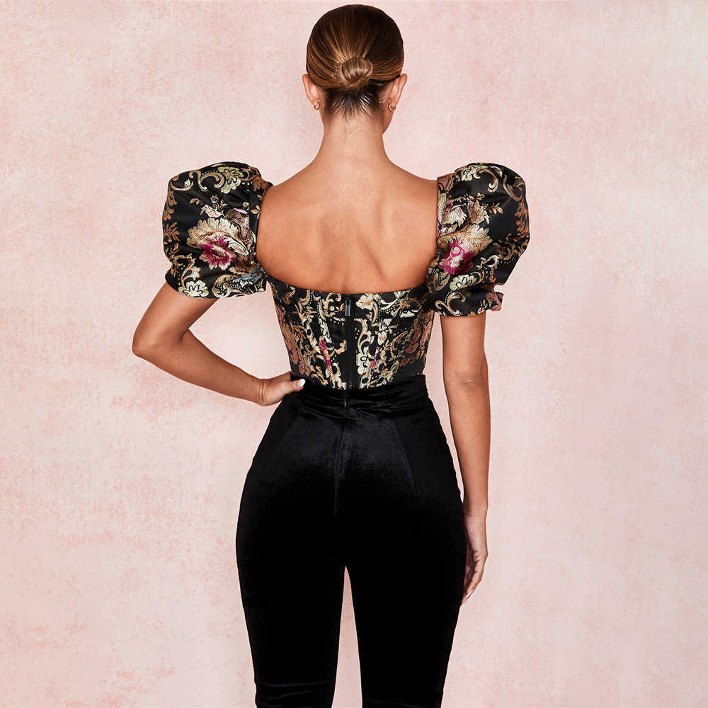 Cryptographic Square Collar Jacquard Boned Bustier Crop Tops Shirt Puff Sleeve Sexy Backless Shirts Blouse Women Zipper Elegant 200924