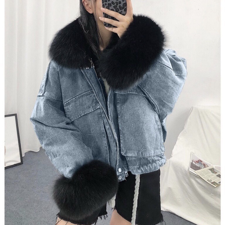 Parka Denim Jacket Women's Winter Fur Collar Big Pocket Long Sleeve Plush Large Size Coat Female 5A1362 210427