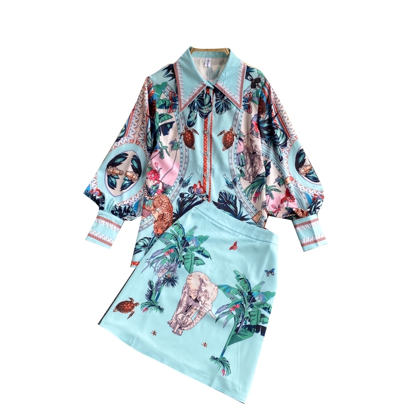 Spring Lapel Puff Sleeve Shirt + High Waist Slim Skirt Retro Print Set 210708