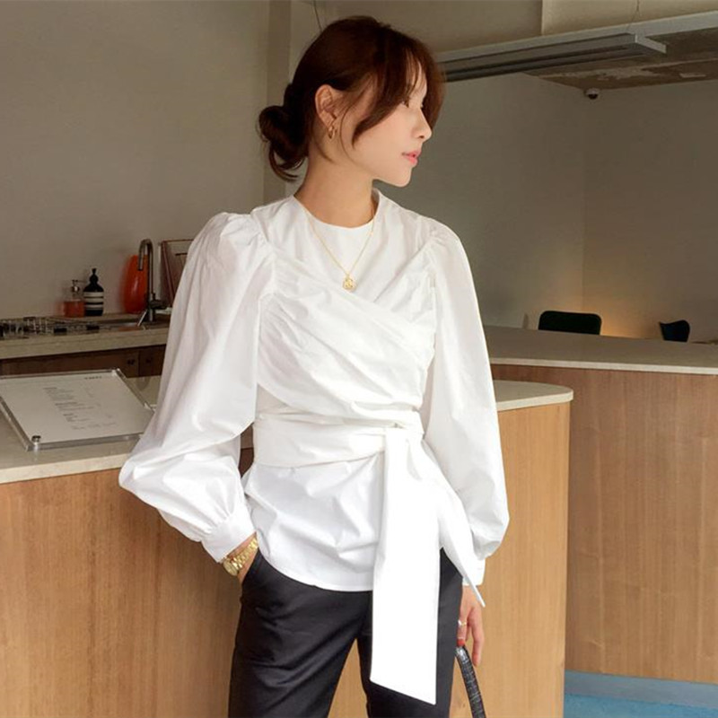 Elegant Womens Tops OL White Shirt Women Puff Sleeve Solid Korean Style Formal Blouse Shirts Office Lady 210421