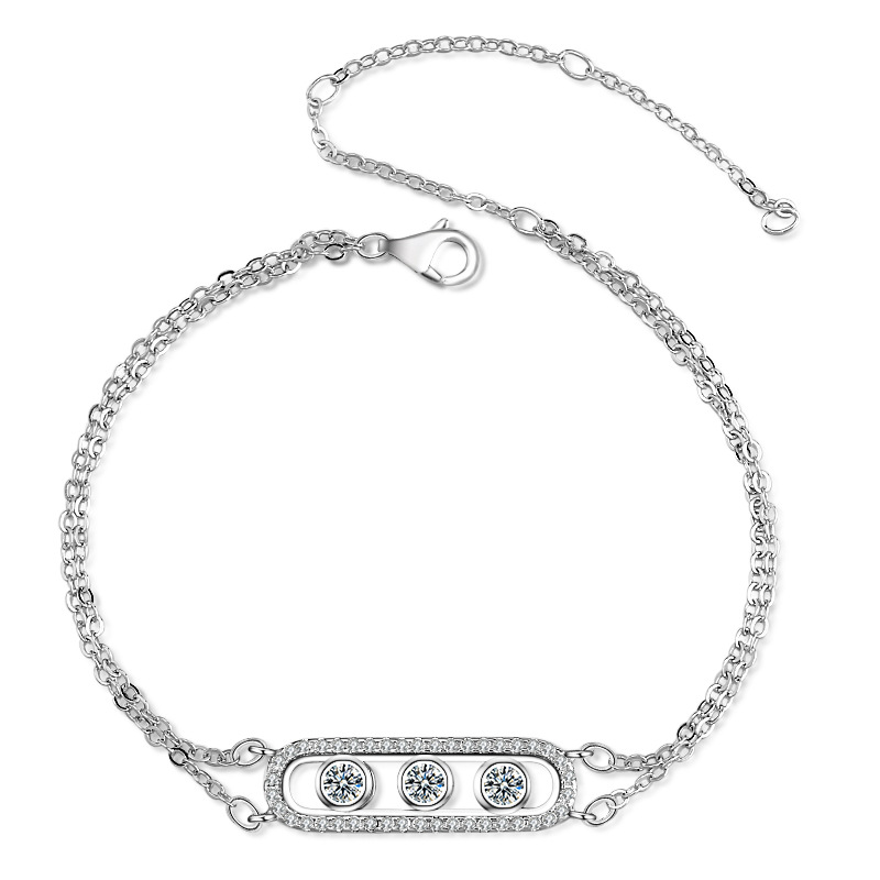 Women 925 Sterling Silver Charm Bracelet Sliding 3 Bead Geometric Cubic Zirconia Double Layers Chains Adjustable Friendship Birthday Gift