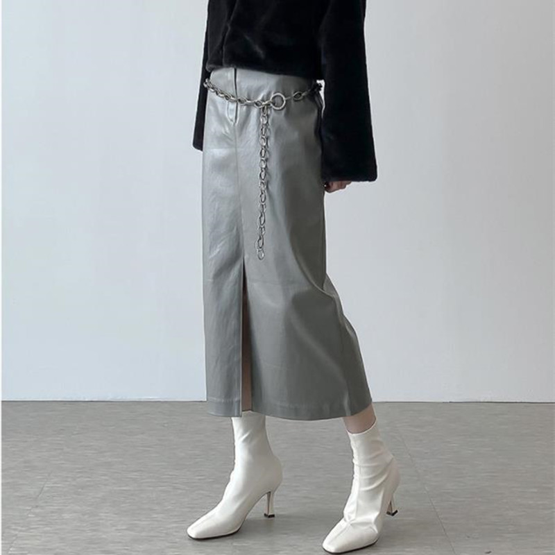 OL Elegant Women High Waist Vintage Fashion Split Pu Leather Skirt Autumn Winter Work Wear Solid Long Skirts Womens 210421