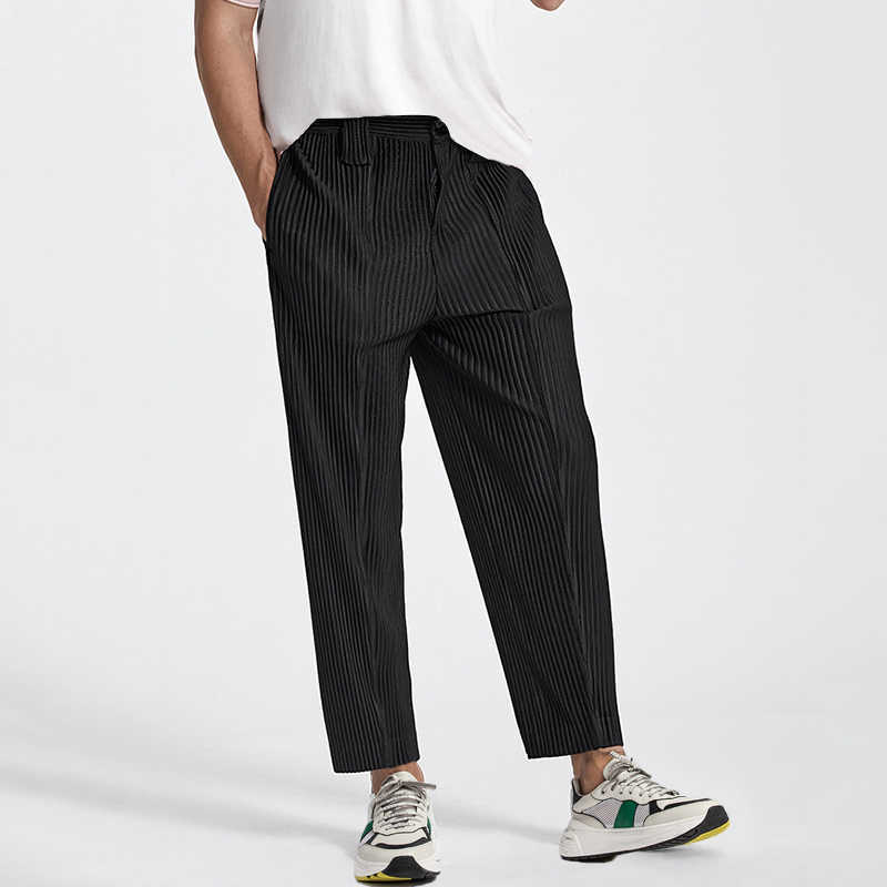 IEFB /men's wear Japan pleated trousers male Autumn wrinkled mid-seam open ankle ankle-length pants elastic waist Y3493 210810