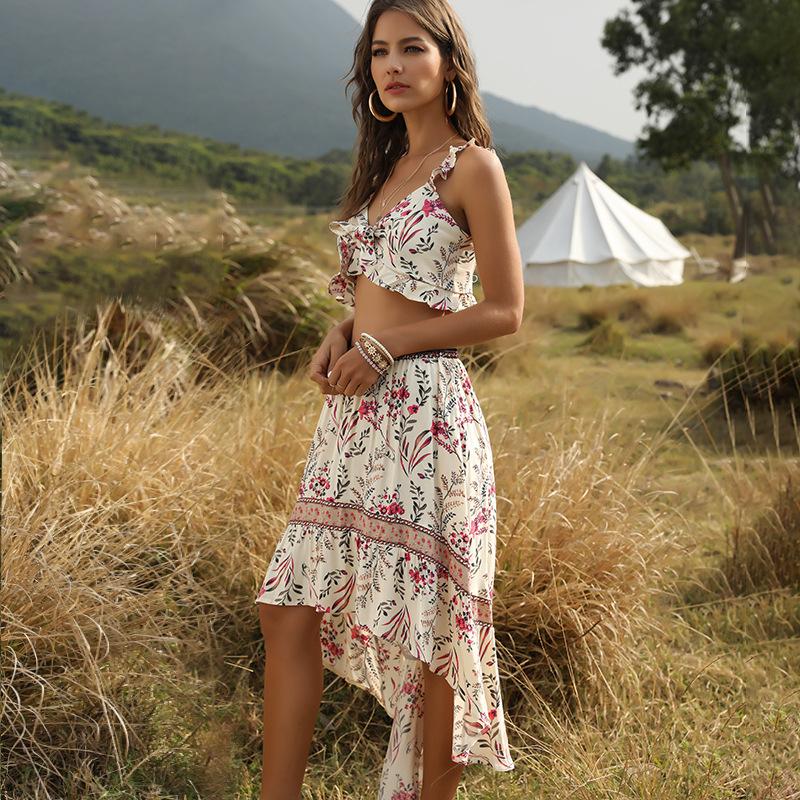 Two Piece Dress Summer Women Bohemia Set Fashion Print Sexy Tank Tops And Asymmetry Long Skirts Beach Vacation 2
