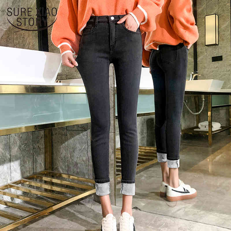Thicken Warm Fashion Pencil Pants Women Jeans Velvet High Waist Elastic Skinny Korean Style Winter Trousers 7689 50 210417