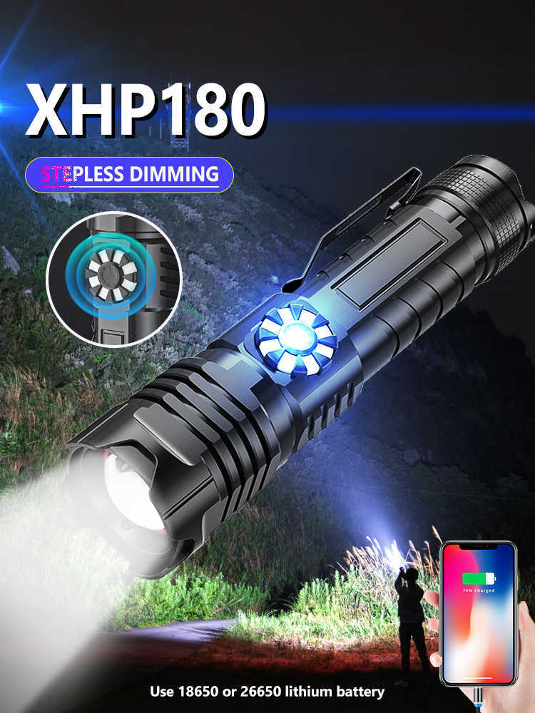 XHP180 Powerful Stepless Dimming LED Flashlight 5000mAH USB Rechargeable Work Light 5Modes Zoom Torch Tactial 18650 210608
XHP180 Powerful Stepless Dimming LED Flashlight 5000mAH USB Rechargeable Work Light 5Modes Zoom Torch Tactial 18650 210608