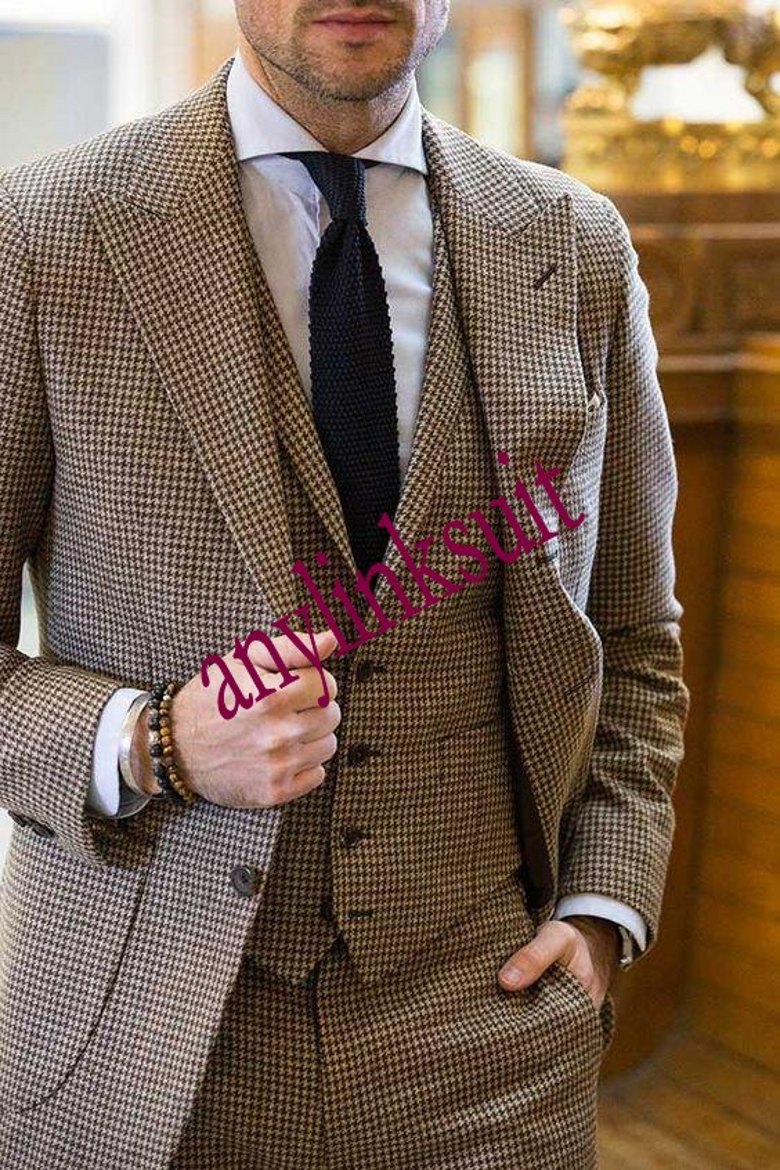 Latest Design One Button Houndstooth Groom Tuxedos Peak Lapel Wedding/Prom/Dinner Groomsmen Men Suits Blazer (Jacket+Pants+Vest+Tie) W1323