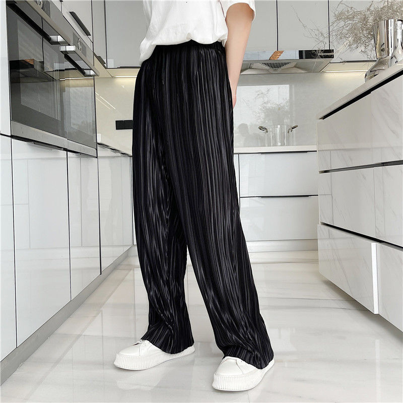 IEFB Men's Black Pleated Pants Men's Summer Korean Loose Casual Straight Wide Leg Pants Elastic Waist Pants 9Y7522 210524