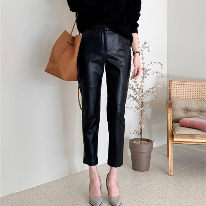 Autumn Winter Elegant High Waist Pencil Pants Women Bottoms OL Wear Thick Plus Velvet Pu Leather Solid Trousers 210421