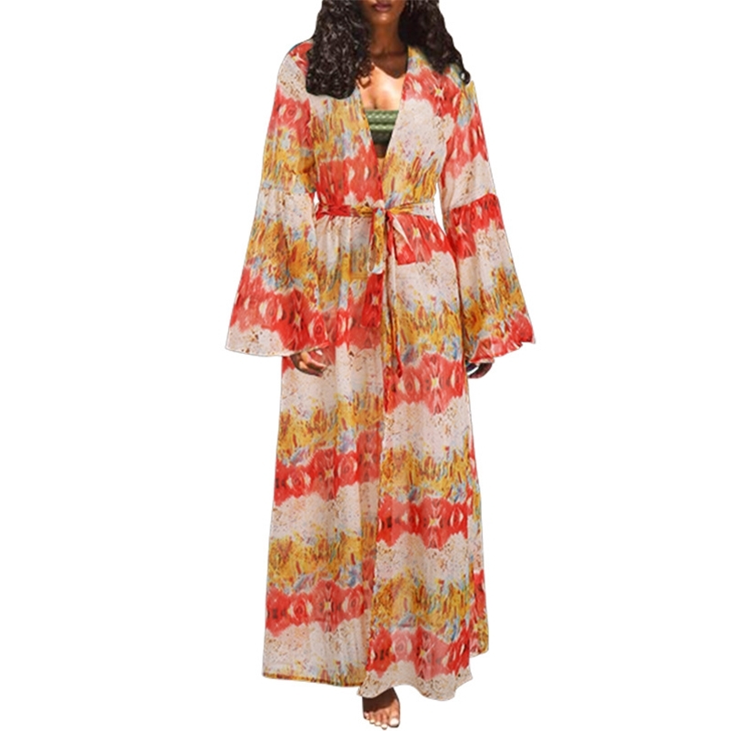 Women Dress V-neck Flare Sleeve Bandage Print Dresses Long Plus Size Bohemian For 210513