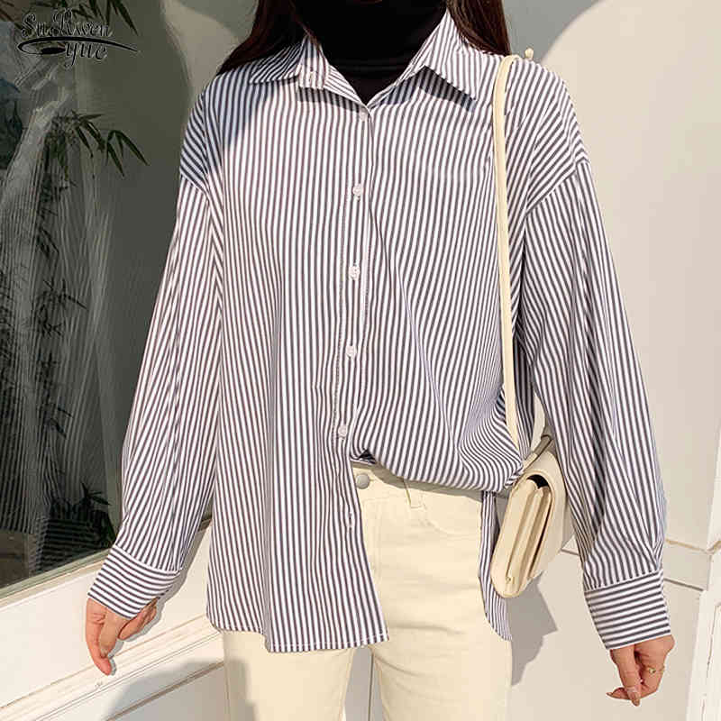 Korean Style Spring Blouse Women Casual Long Sleeve Cotton Striped Shirt for Cardigan Plus Size Ladies Tops 9196 50 210508