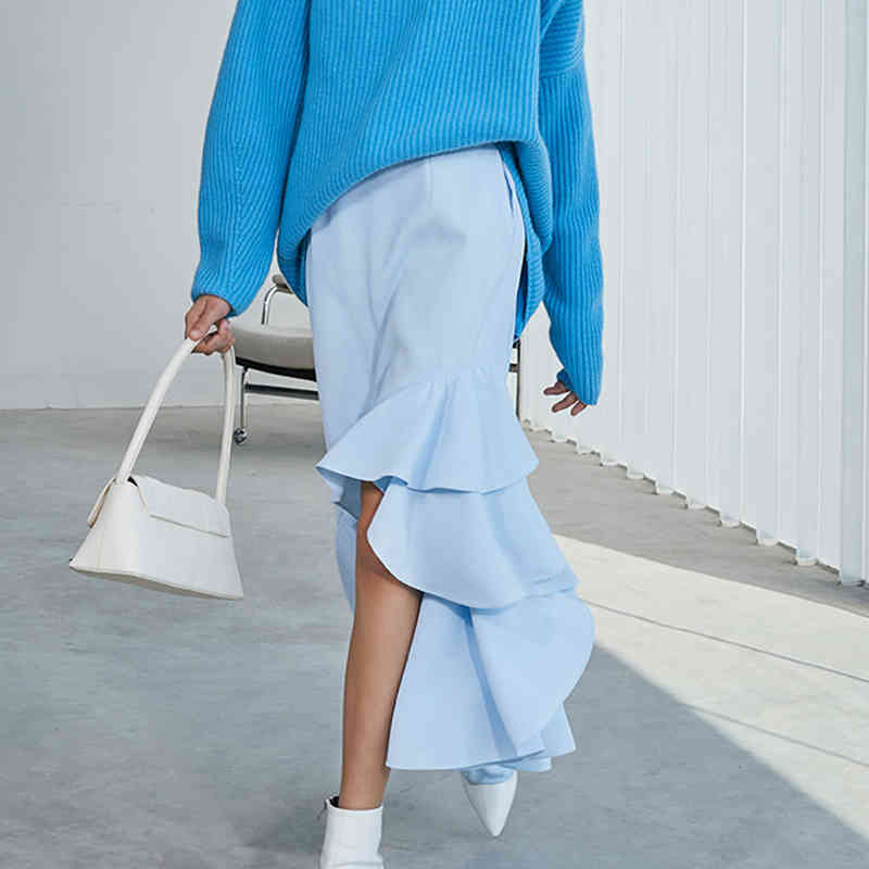 Irregular Patchwork Ruffle Skirt For Women High Waist Elegant Solid Skirts Female Fashion Clothing Autumn 210521