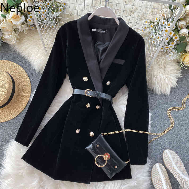 Neploe Velvet Eleganr Women Jacket Black Double Breasted Elegant Black Mujer Chaqueta Spring Clothes with Belt Femme Coat 210422
