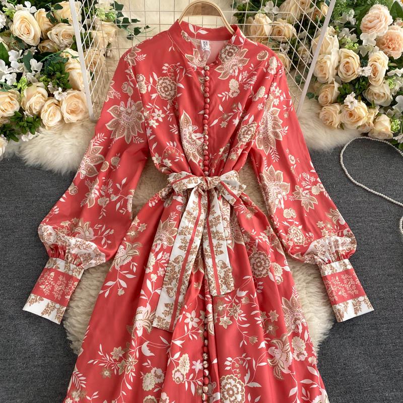 Women Stand Collar Lantern Sleeves Waistband Single-breasted Retro Printed Flowers Red Long Dress Ladies Casual Dresses
