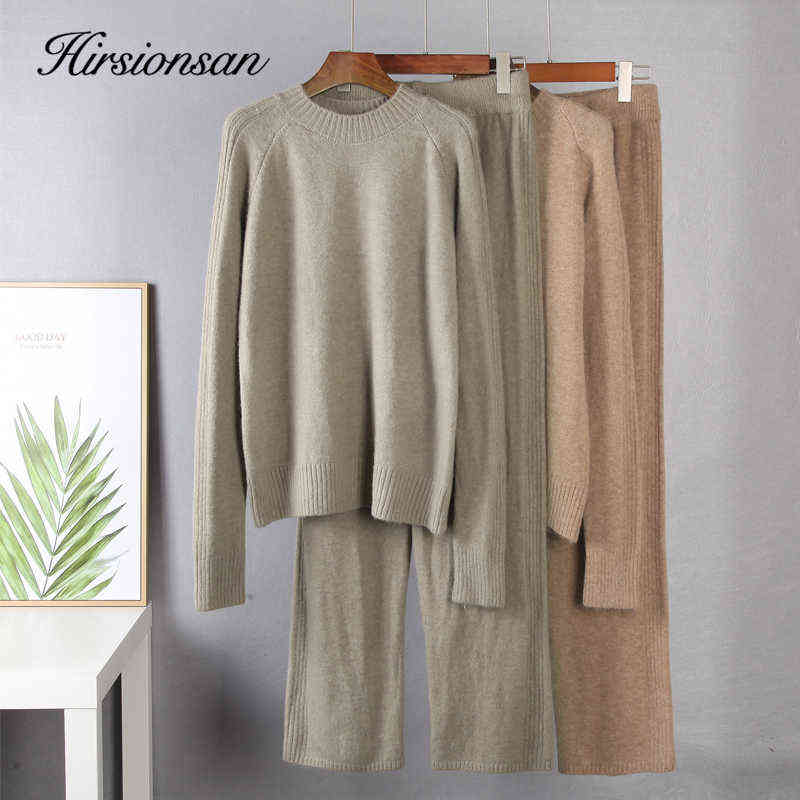 Hirsionsan Basic Two Piece Knitted Loose Pants and O Neck Sweater Women Autumn Winter Warm Sets Female Tracksuits Pullovers 211116