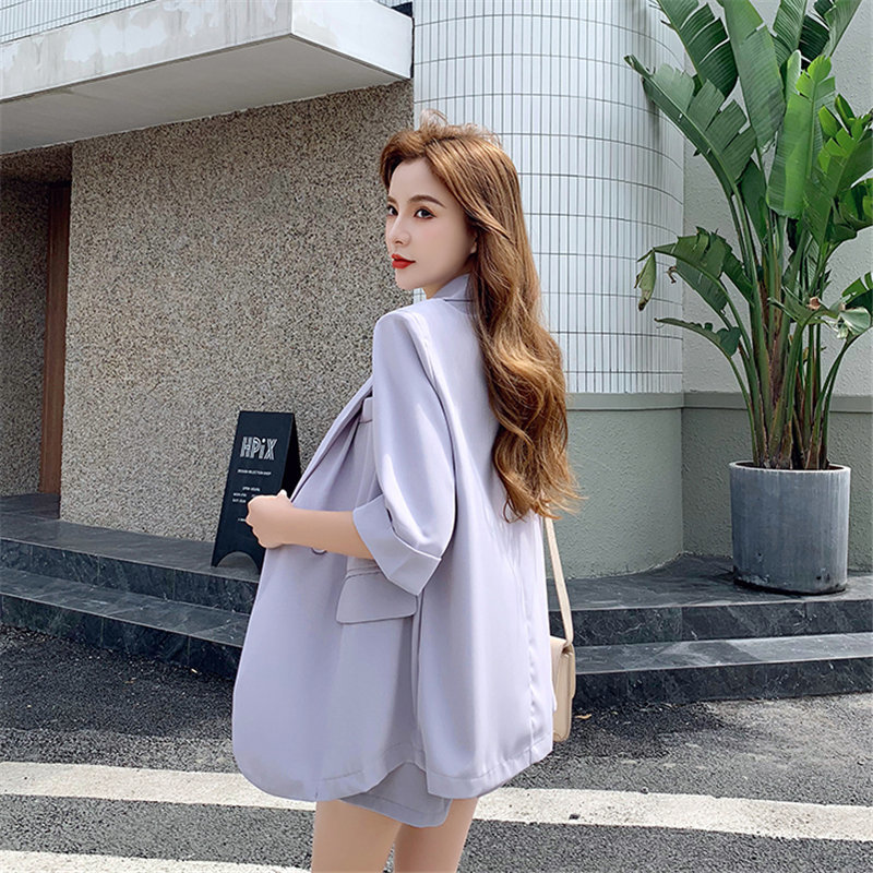 OL Purple Thin Summer Streetwear Chic Elegance Brief Blazers+High Waist Stylish Shorts Suits Women 2 Piece Sets 210421