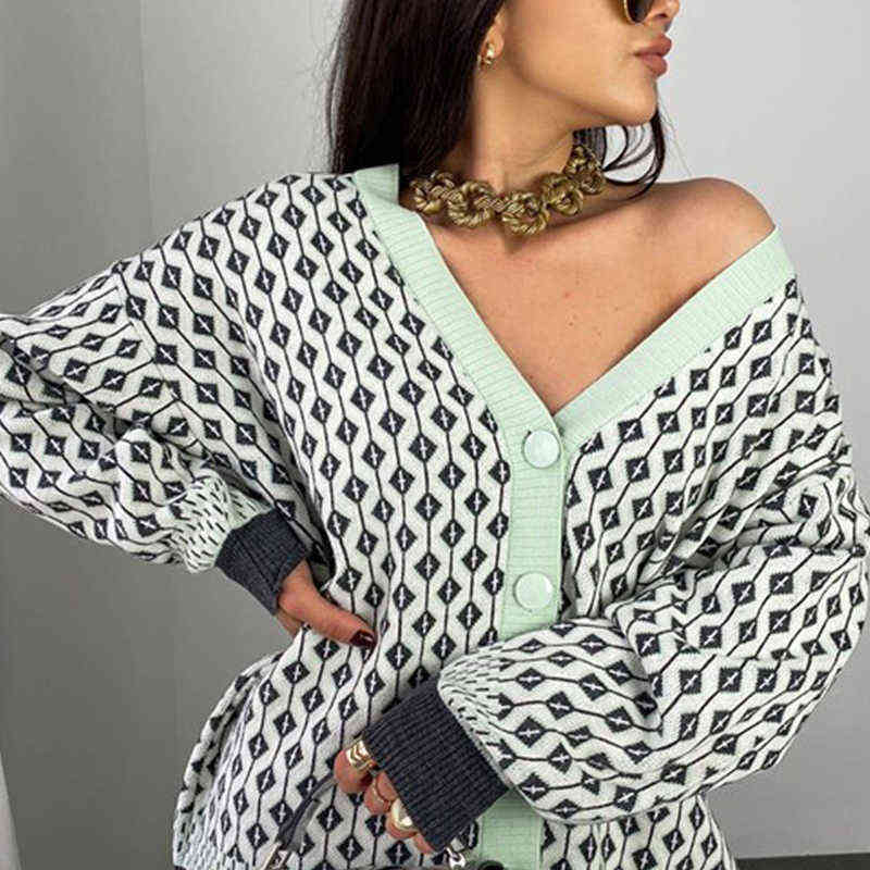 Women V Neck Knitted Cardigans Sweater Pink Houndstooth Knit Cardigan Long Sleeve Fashion Autumn Oversized Jumper 211109