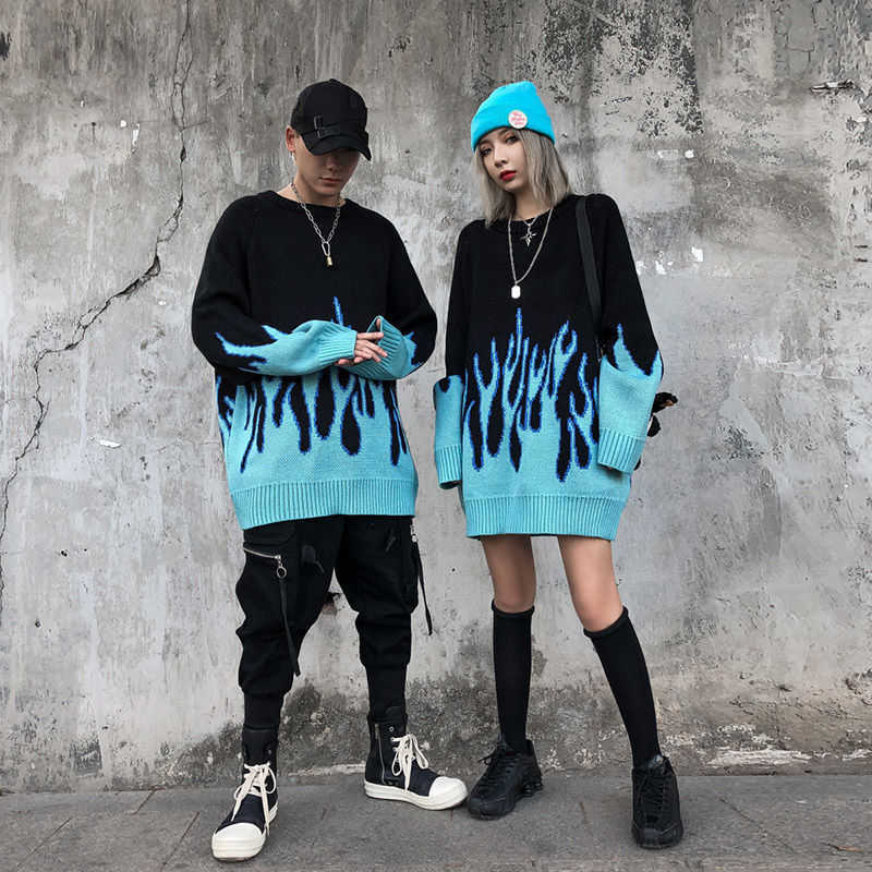 Autumn and winter flame print sweater men women couple coat loose knit round neck top comfortable pullover 211011Z