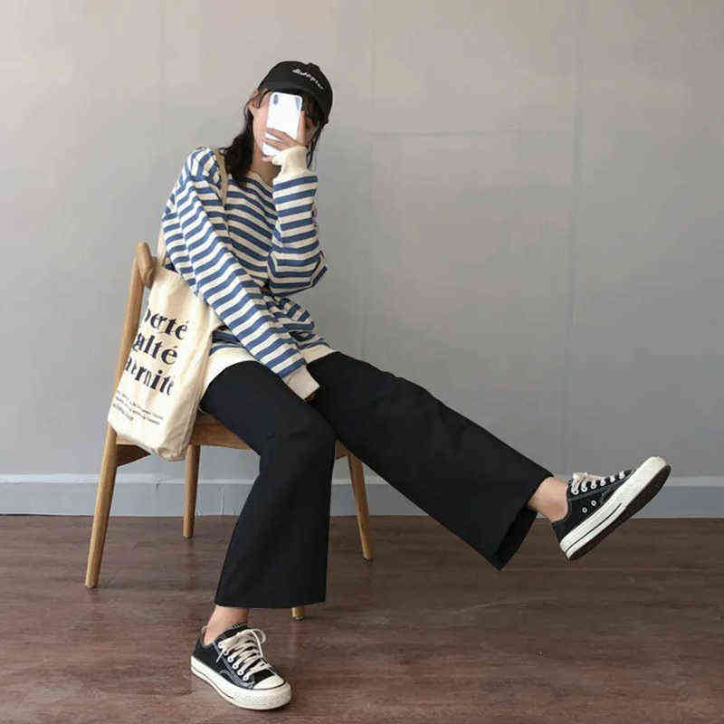 Cusual Pant Spring Summer Anklelength Loose Wide Leg Elastic High Waist Oversize Black Simple Comfortable Elegant Ladies 211124Z