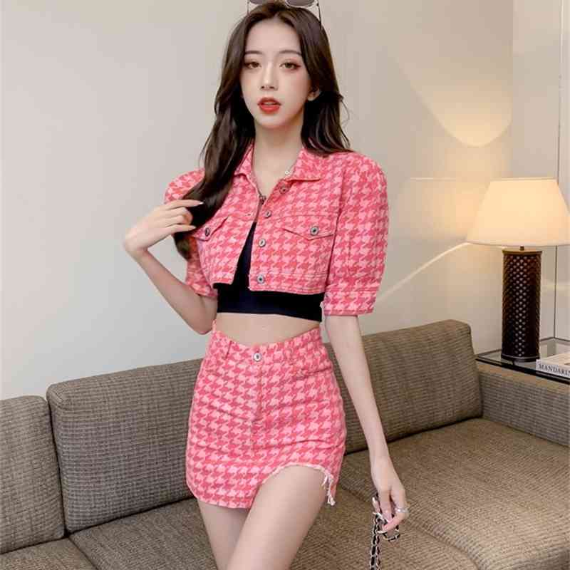 Elegant Women 2 Piece Set Korean Lady Pink Plaid Denim Sexy Short Jacket + High Waist Mini Skirt Fashion Suit 210519