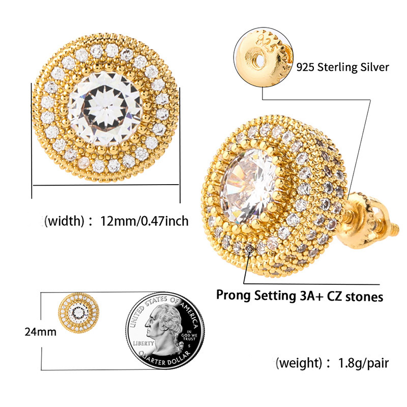 Fashion Fine Quality Hip Hop Round Stud Earring CZ Cubic Zirconia Bling Ice Out Earrings Suds 18K Real Rose Gold Plated Rapper Ear Jewelry Burthday Gi