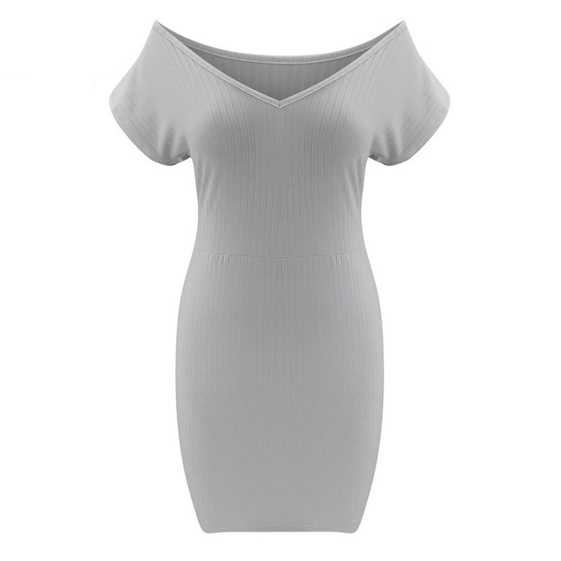 Sexy V-Neck Solid Slim Mini Dress Women Summer Fashion Off Shoulder Short Sleeve High Waist Package Hip Bodycon Pencil Dress 210507