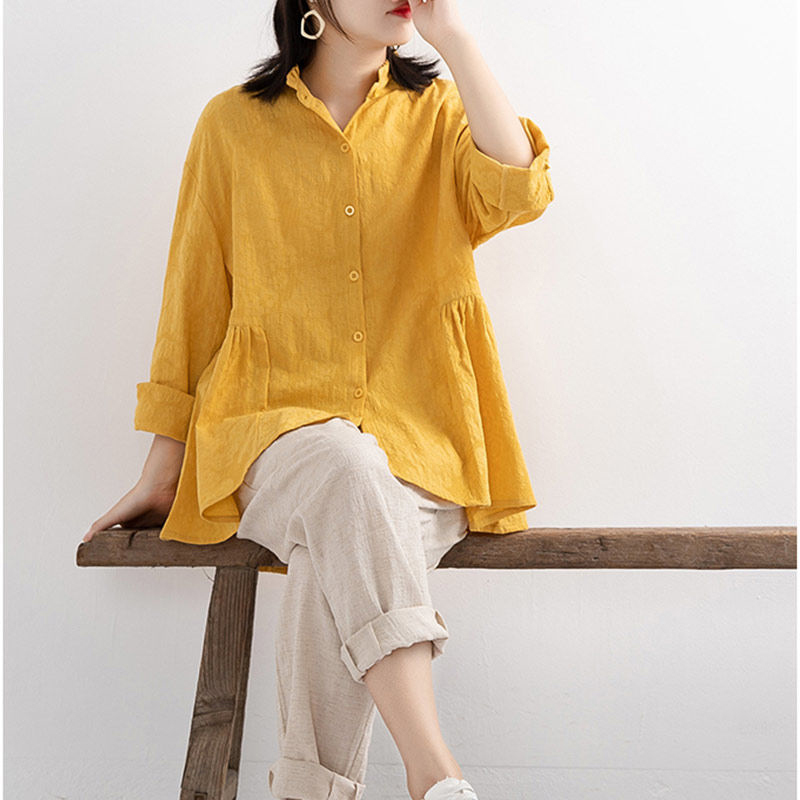 Spring Korea Fashion Women Long Sleeve Loose Yellow Shirts 100% Cotton Blusas Mujer all-matched Casual Blouses Plus Size S693 210512