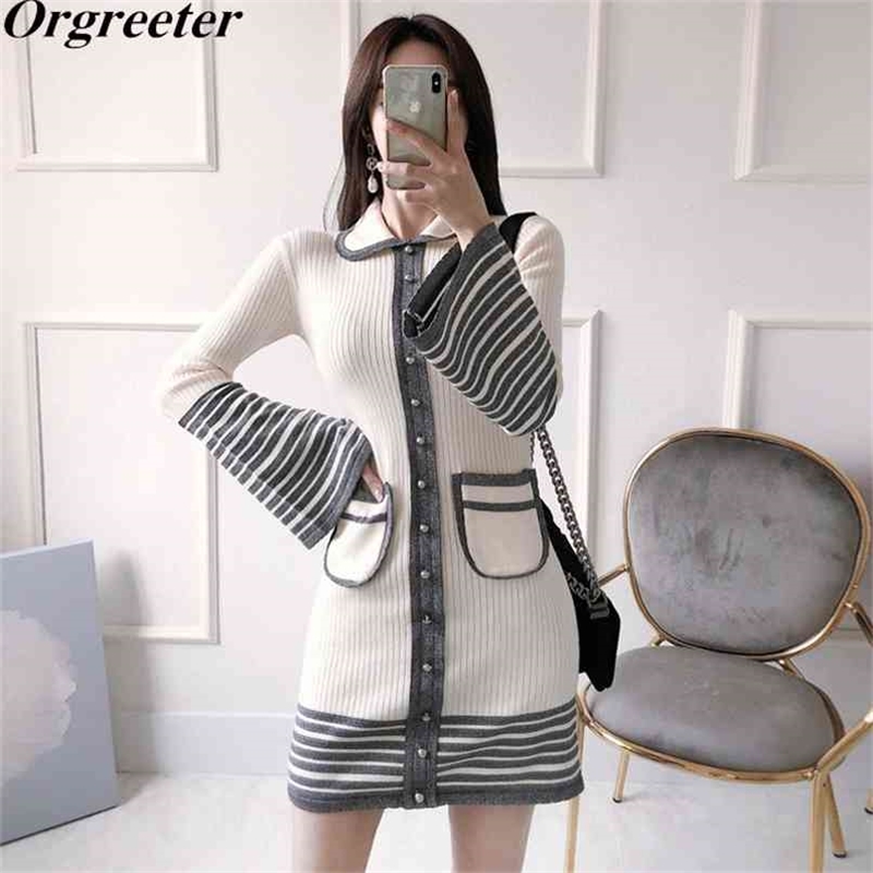 High Quality Knitted Dress Women Sweet Peter Pan Collar Long Flare Sleeve Single-Brested Striped Mini Sweater 210602, Yellow
High Quality Knitted Dress Women Sweet Peter Pan Collar Long Flare Sleeve Single-Brested Striped Mini Sweater 210602, Yellow