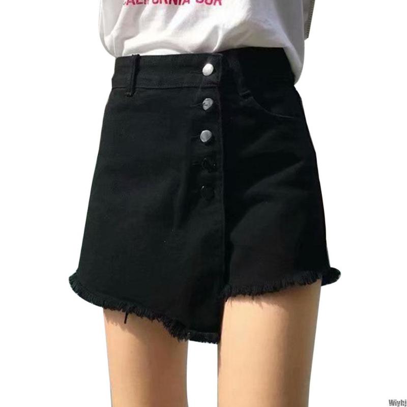 Women's Irregular Button Denim Shorts High Waist Slim Solid Color Pocket Jeans Skirt Summer Fashion Casual