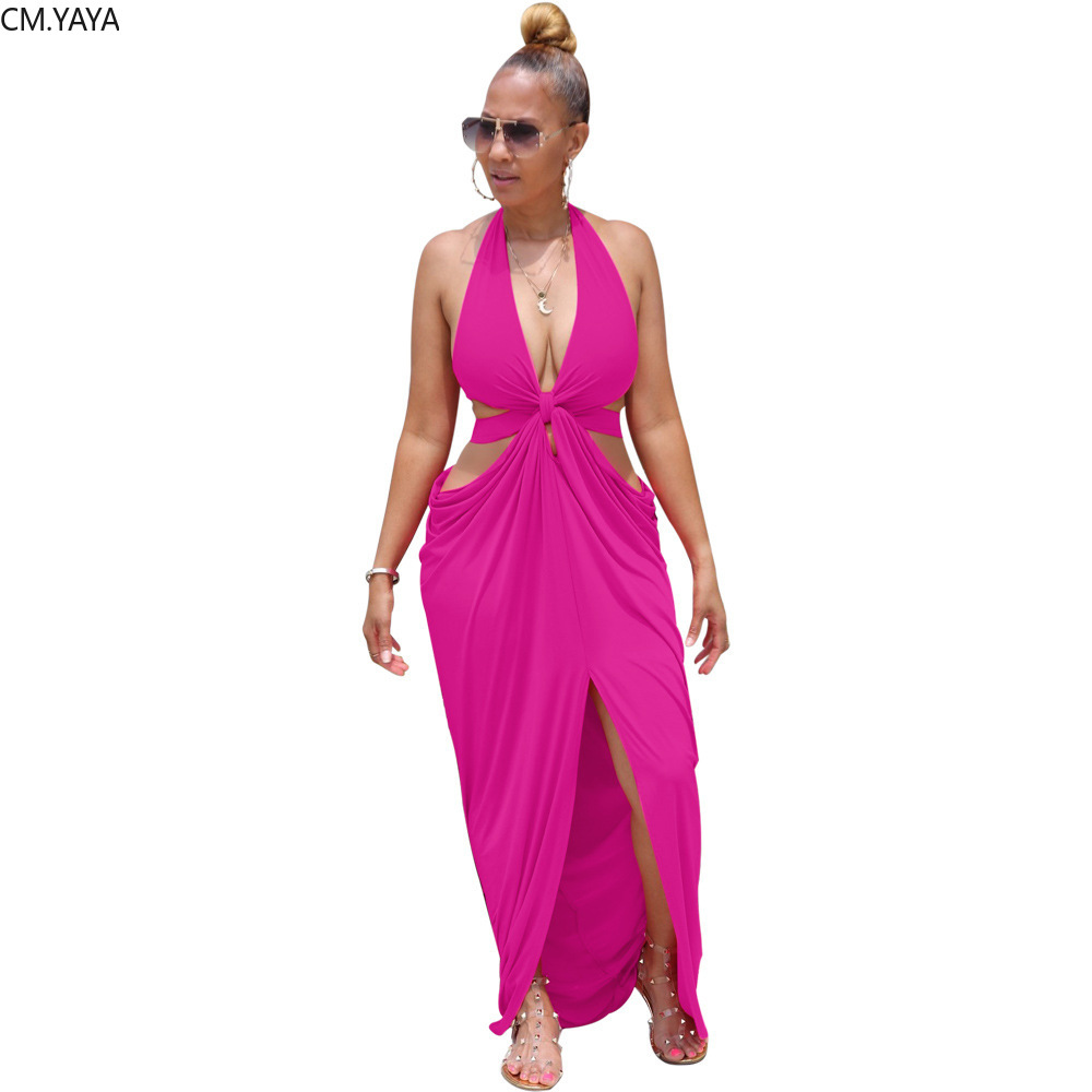 CM.YAYA Women Halter V-neck Open Back Split Irregular Maxi Dress Sexy Party Club Floor Length Beach Long Dresses Vestidos 210409
