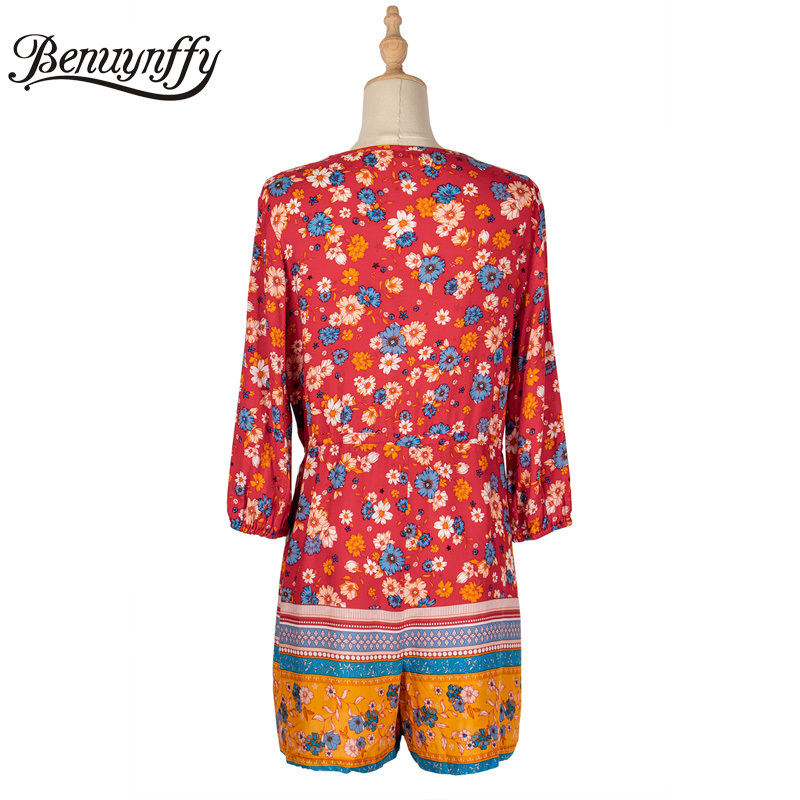 V-neck Button Front Floral Print Rompers Womens Jumpsuit Holiday Boho Summer 3/4 Sleeve Drawstring Waist Romper 210510