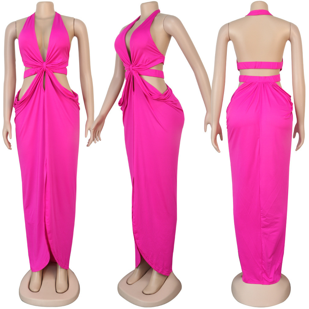 CM.YAYA Women Halter V-neck Open Back Split Irregular Maxi Dress Sexy Party Club Floor Length Beach Long Dresses Vestidos 210409