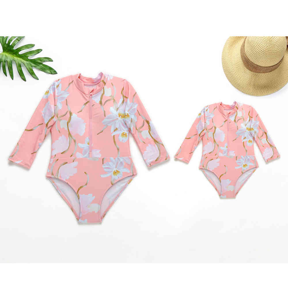 Mother Daughter Swimsuits Print Swimsuit Mommy And Me Swimwear Long Sleeve Bathing Suit Matching Outfit 210521