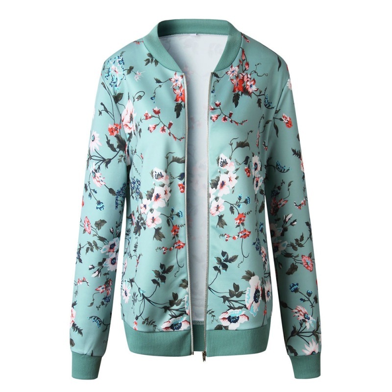 Floral Print Zipper Casual Jacket Women Spring Summer Long Sleeve Loose Bomber Jacket Coat O Neck Fashion Tops Outerwear 210419