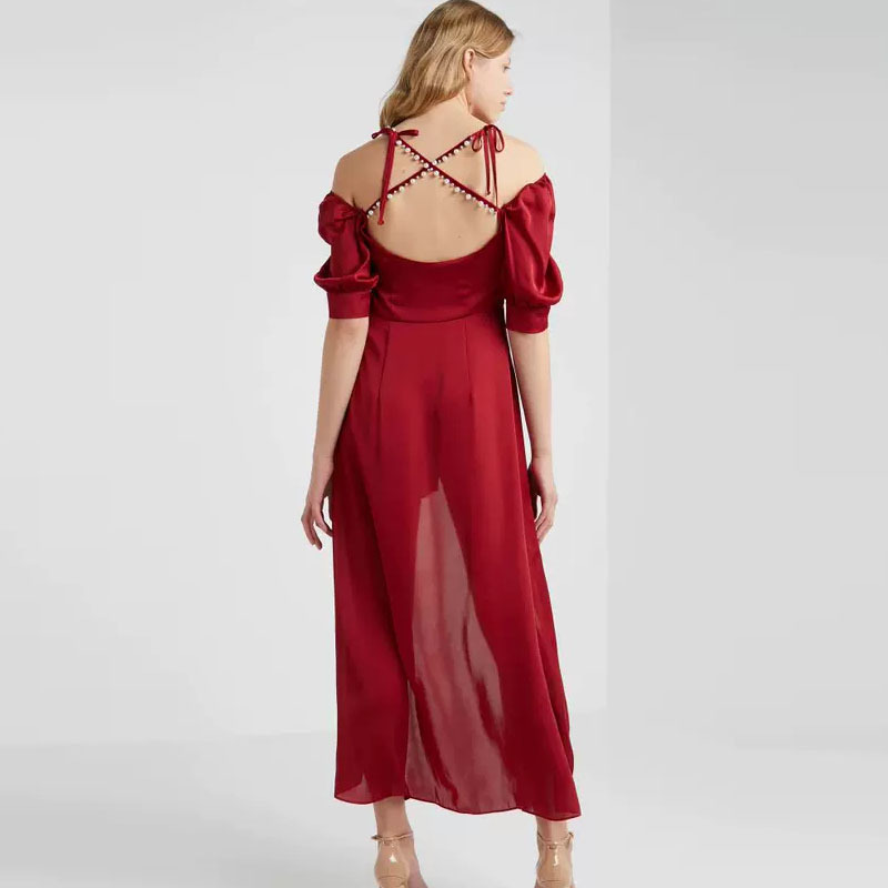 Fashion Women V-neck Pearl Cross Straps Irregular Female Dresses Backless Sexy Party Club Max Dress Elengant Red 210421