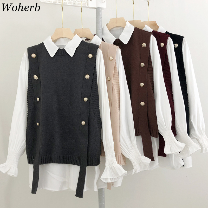 Elegant Two Pieces Set Women Button Bandage Sweater Vest + White Longsleeve Blouse Korean Fashion Clothes Suit 210422