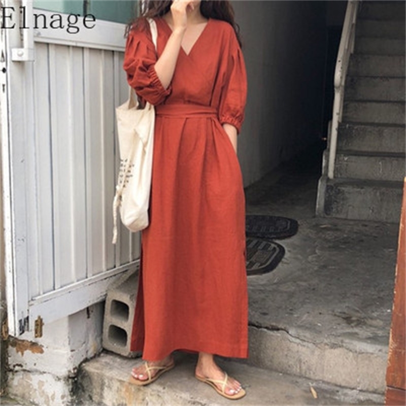 Summer Vintage Sexy V Neck Cotton Long Dress Women Elegant Loose Brief Sundress with Waistbelt Linen Dresses Lady Office 210429