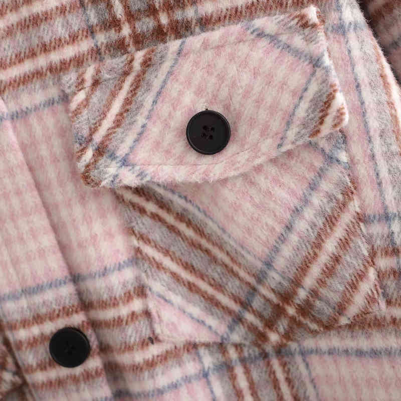 Vintage Woman Loose Light Pink Plaid Long Woolen Shirt Coat Autumn Winter Fashion Soft Outwear Female Casual Jacket 210515
