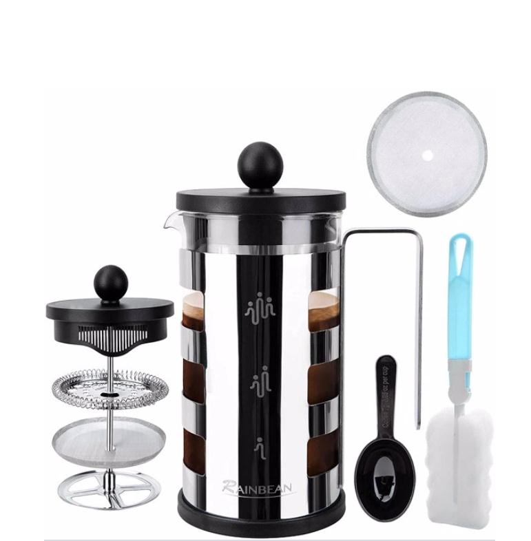 Bar Products Medium French Press Coffee Maker 21 oz, Small Stainless Steel 600 ml, 100% BPA Free Glass with Spoon and Brush,silver