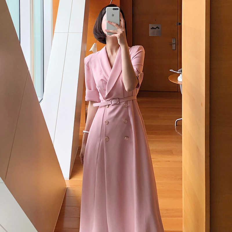 Korejpaa Women Dress Korean Fashion Chic Summer Elegant Solid Color Light-cut Wind Lapel Double-skirted Vestido with Belt 210526